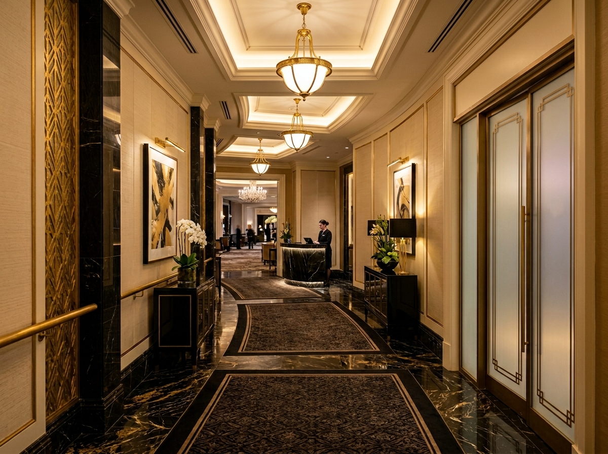 Luxury restaurant and spa corridor in a premium casino hotel